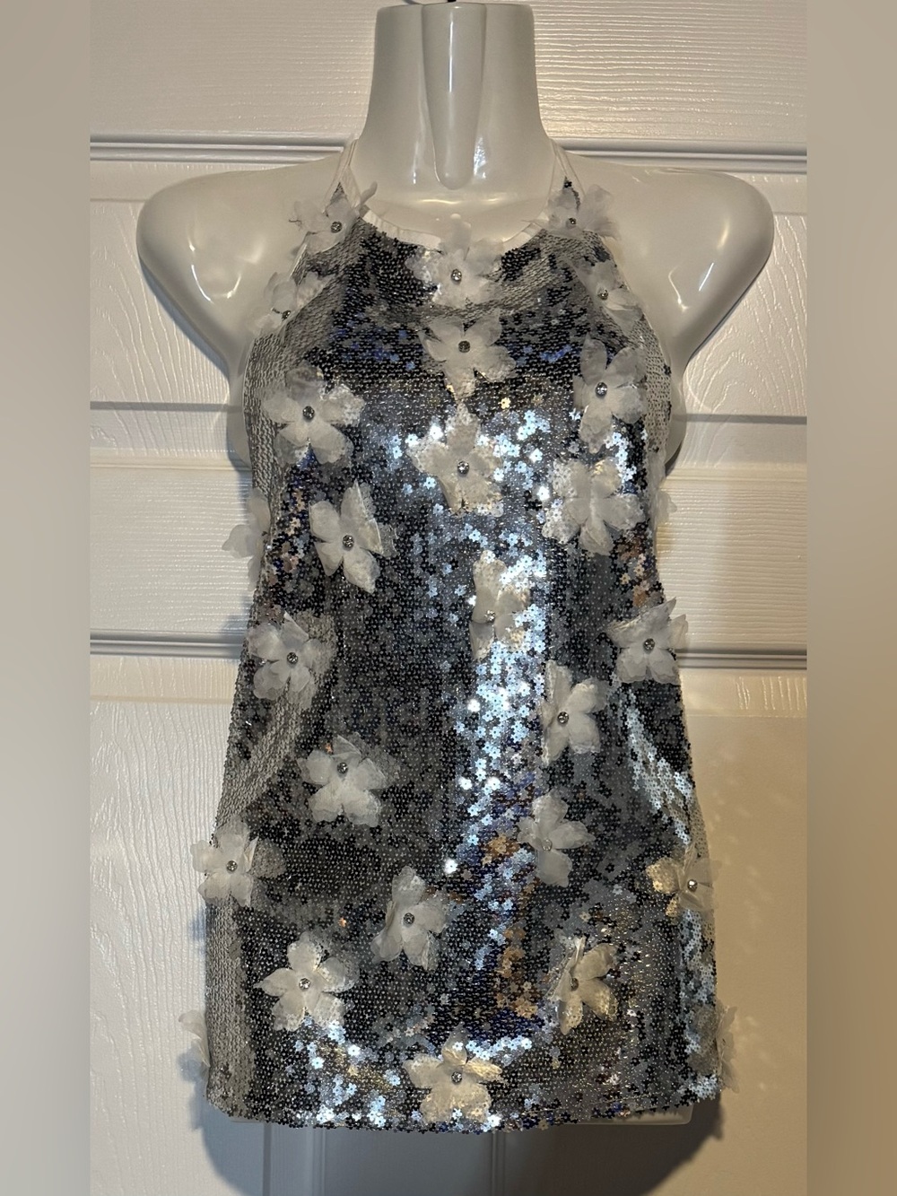 Sparkle Floral Sequin Halter Top- Silver White With Tie Up Back